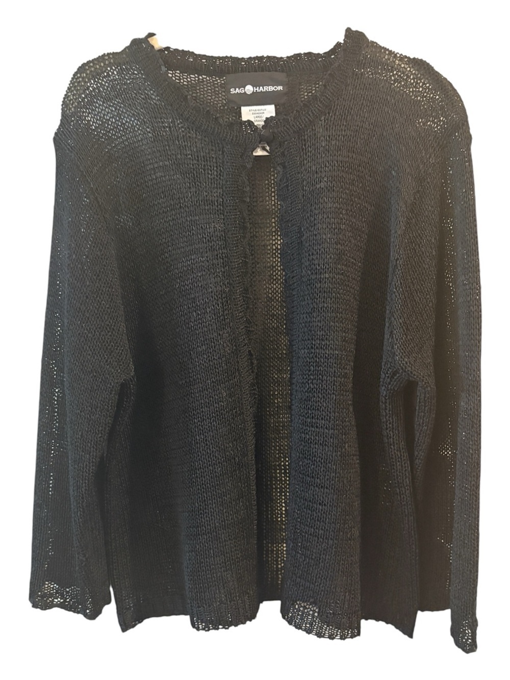 Sag Harbor Black Open Knit Cardigan Size Large Lightweight One Button Sweater